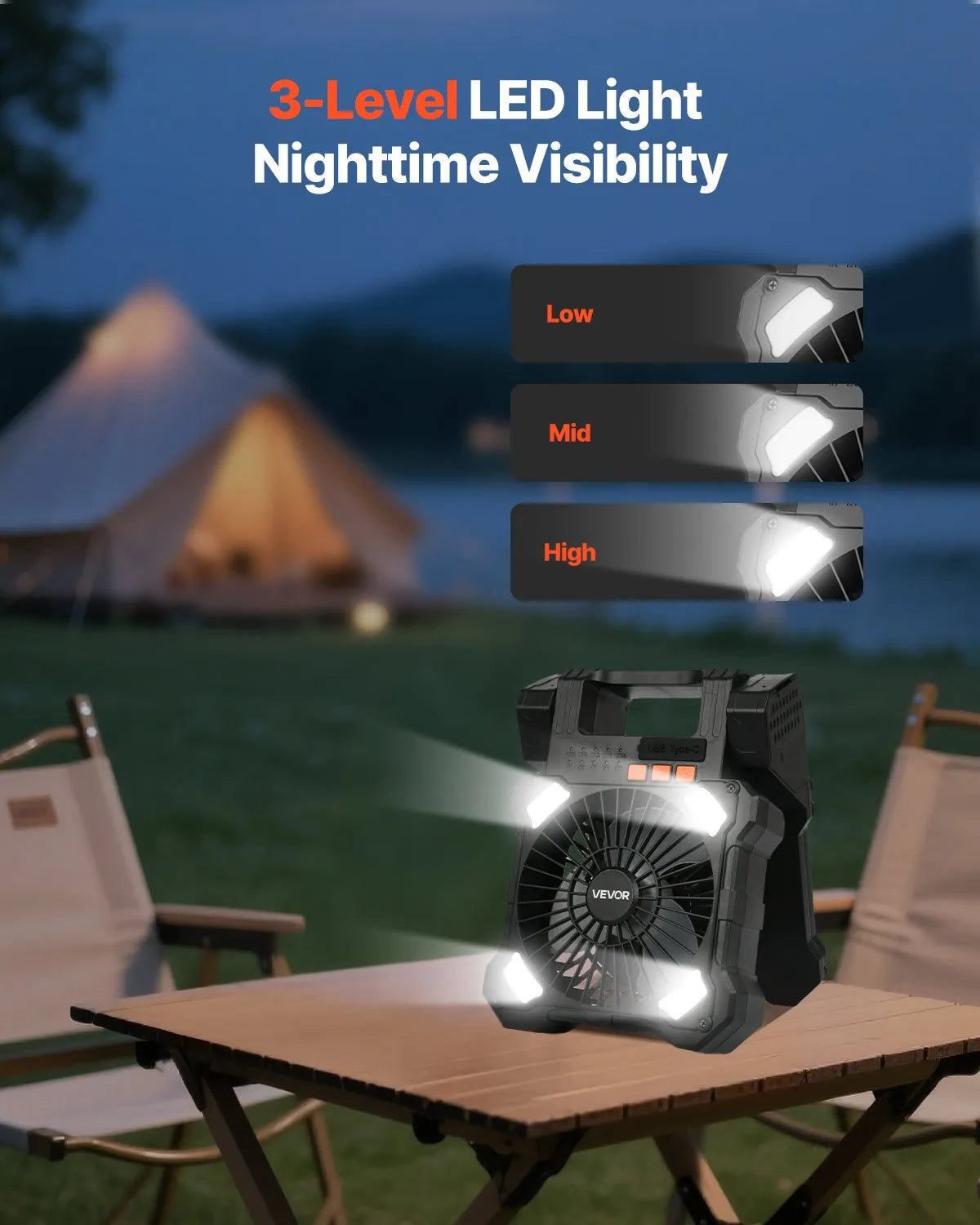 VEVOR uzlādējams saules ventilators 20 000 mAh ar LED laternu, 20 cm pārnēsājams bezvadu ventilators ar 7 W salokāmu saules paneli, 5 ātrumi, taimeris, kluss, USB barošana kempingam, teltij un darbam