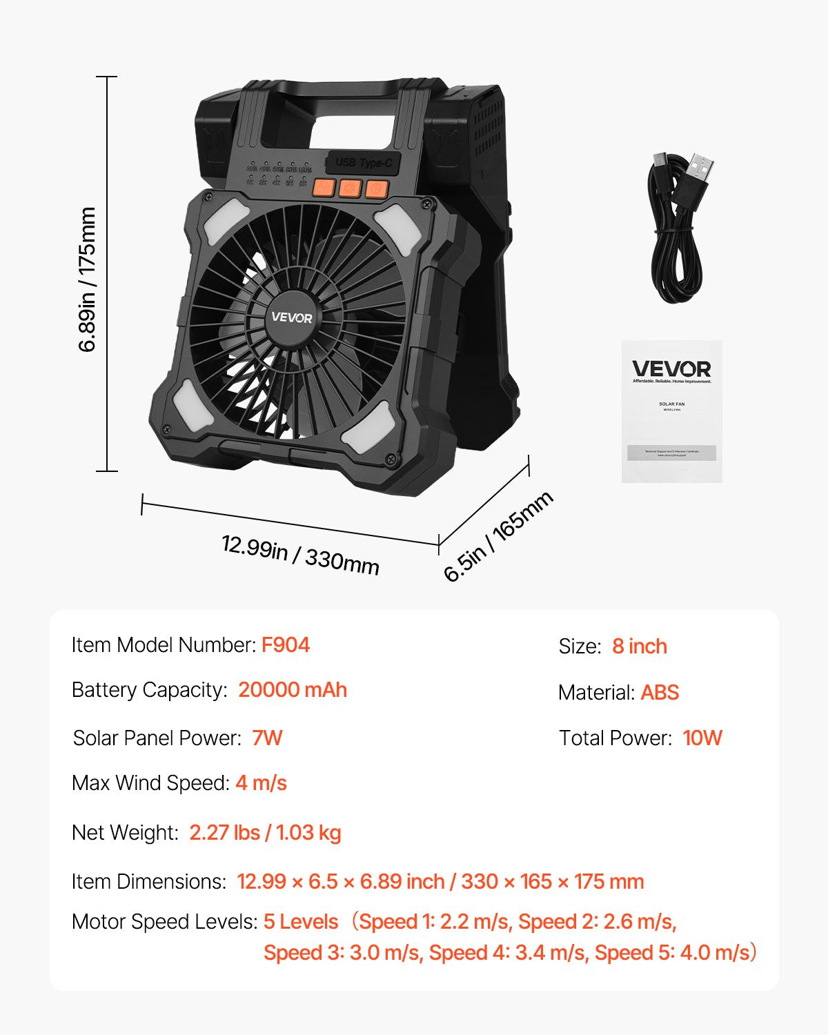 VEVOR uzlādējams saules ventilators 20 000 mAh ar LED laternu, 20 cm pārnēsājams bezvadu ventilators ar 7 W salokāmu saules paneli, 5 ātrumi, taimeris, kluss, USB barošana kempingam, teltij un darbam