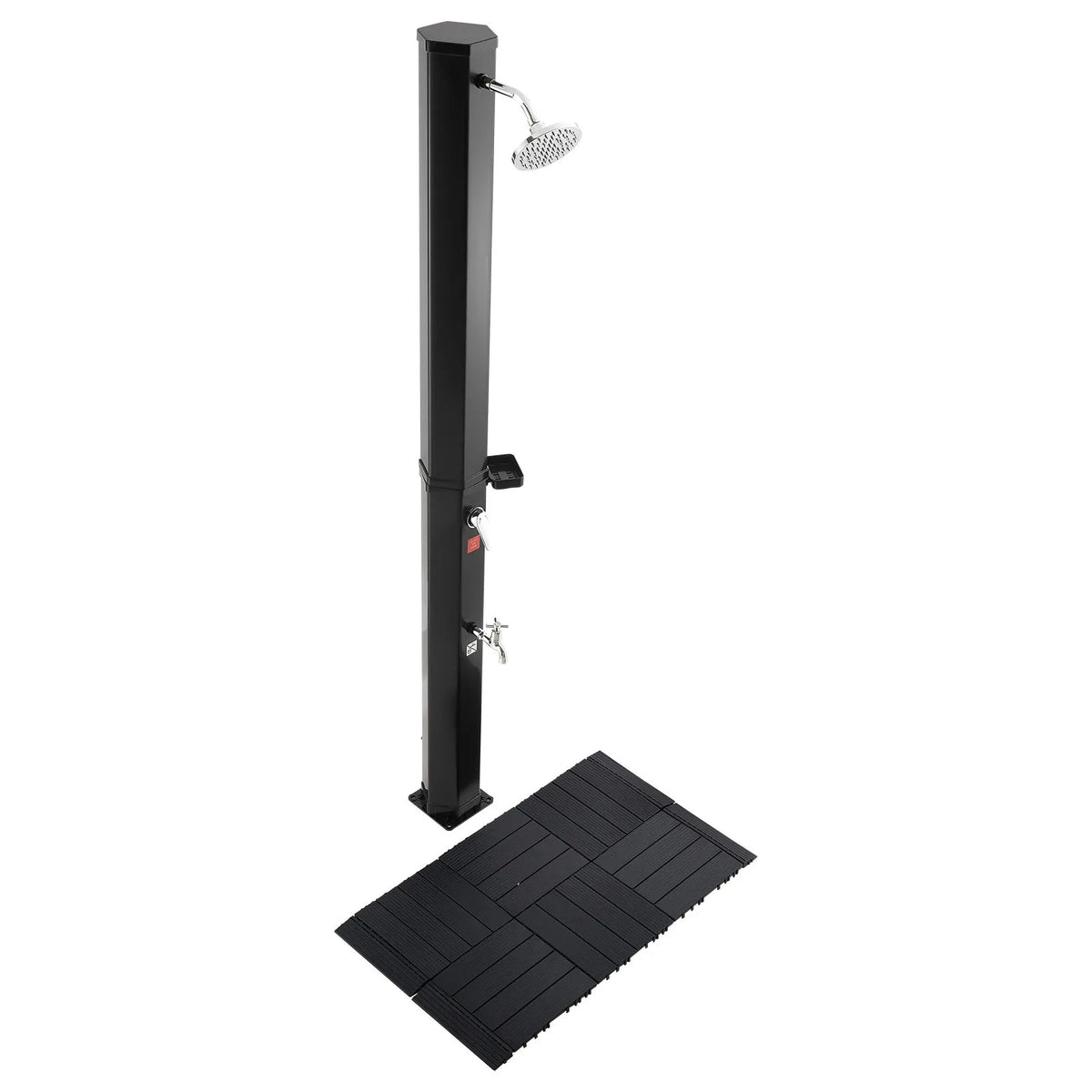 VEVOR 35 l ar sauli apsildāma āra duša ar 195 cm dušas galvas augstumu, brīvi stāvoša, ar grīdas komplektu un kāju krānu, karstā un aukstā ūdens regulēšana, piemērota dārzam, pie baseina un pludmalē, melna