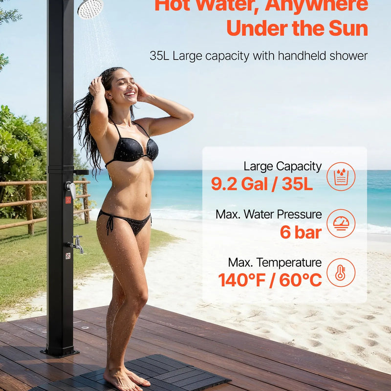 VEVOR 35 l ar sauli apsildāma āra duša ar 195 cm dušas galvas augstumu, brīvi stāvoša, ar grīdas komplektu un kāju krānu, karstā un aukstā ūdens regulēšana, piemērota dārzam, pie baseina un pludmalē, melna