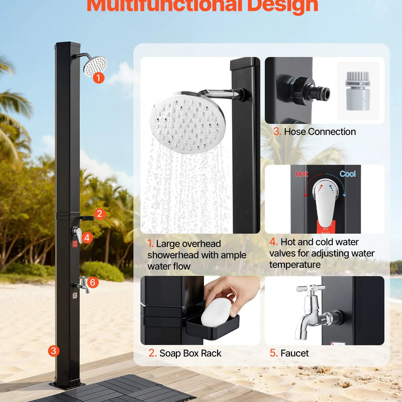 VEVOR 35 l ar sauli apsildāma āra duša ar 195 cm dušas galvas augstumu, brīvi stāvoša, ar grīdas komplektu un kāju krānu, karstā un aukstā ūdens regulēšana, piemērota dārzam, pie baseina un pludmalē, melna