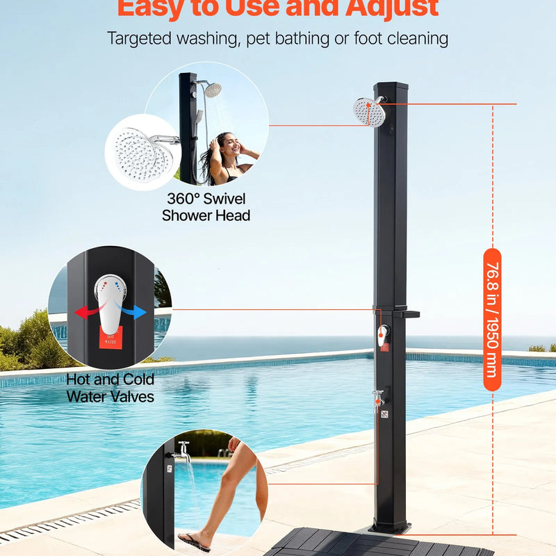 VEVOR 35 l ar sauli apsildāma āra duša ar 195 cm dušas galvas augstumu, brīvi stāvoša, ar grīdas komplektu un kāju krānu, karstā un aukstā ūdens regulēšana, piemērota dārzam, pie baseina un pludmalē, melna