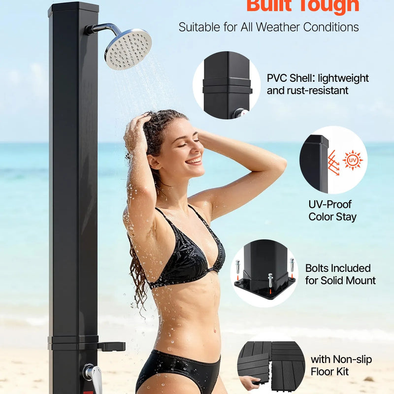 VEVOR 35 l ar sauli apsildāma āra duša ar 195 cm dušas galvas augstumu, brīvi stāvoša, ar grīdas komplektu un kāju krānu, karstā un aukstā ūdens regulēšana, piemērota dārzam, pie baseina un pludmalē, melna