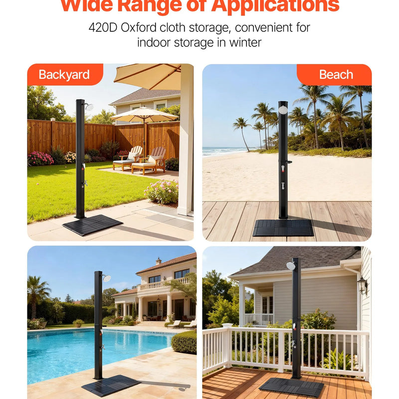 VEVOR 35 l ar sauli apsildāma āra duša ar 195 cm dušas galvas augstumu, brīvi stāvoša, ar grīdas komplektu un kāju krānu, karstā un aukstā ūdens regulēšana, piemērota dārzam, pie baseina un pludmalē, melna