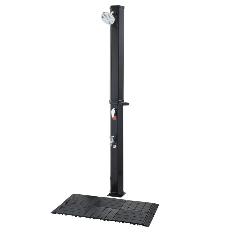 VEVOR 35 l ar sauli apsildāma āra duša ar 195 cm dušas galvas augstumu, brīvi stāvoša, ar grīdas komplektu un kāju krānu, karstā un aukstā ūdens regulēšana, piemērota dārzam, pie baseina un pludmalē, melna
