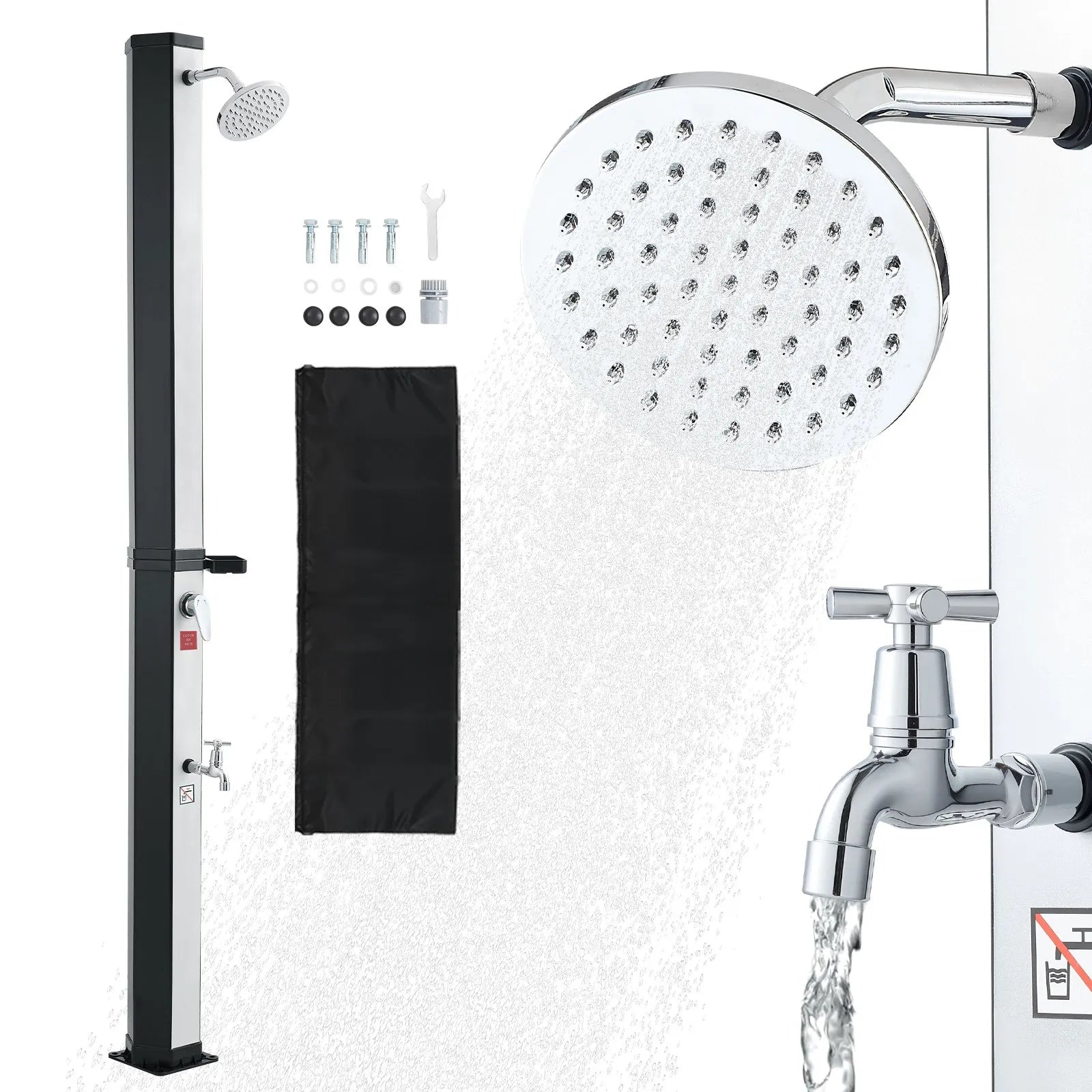 VEVOR 35 l ar sauli apsildāma āra duša ar 195 cm dušas galvas augstumu, brīvi stāvoša, ar kāju krānu un ziepju plauktu, karstā un aukstā ūdens regulēšana, piemērota dārzam, baseinam un pludmalei, melna/sudraba