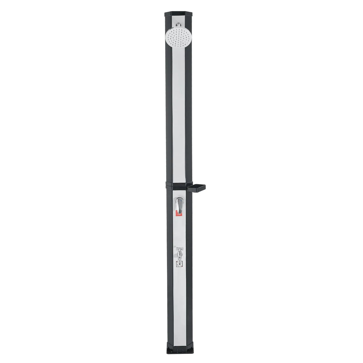 VEVOR 35 l ar sauli apsildāma āra duša ar 195 cm dušas galvas augstumu, brīvi stāvoša, ar kāju krānu un ziepju plauktu, karstā un aukstā ūdens regulēšana, piemērota dārzam, baseinam un pludmalei, melna/sudraba