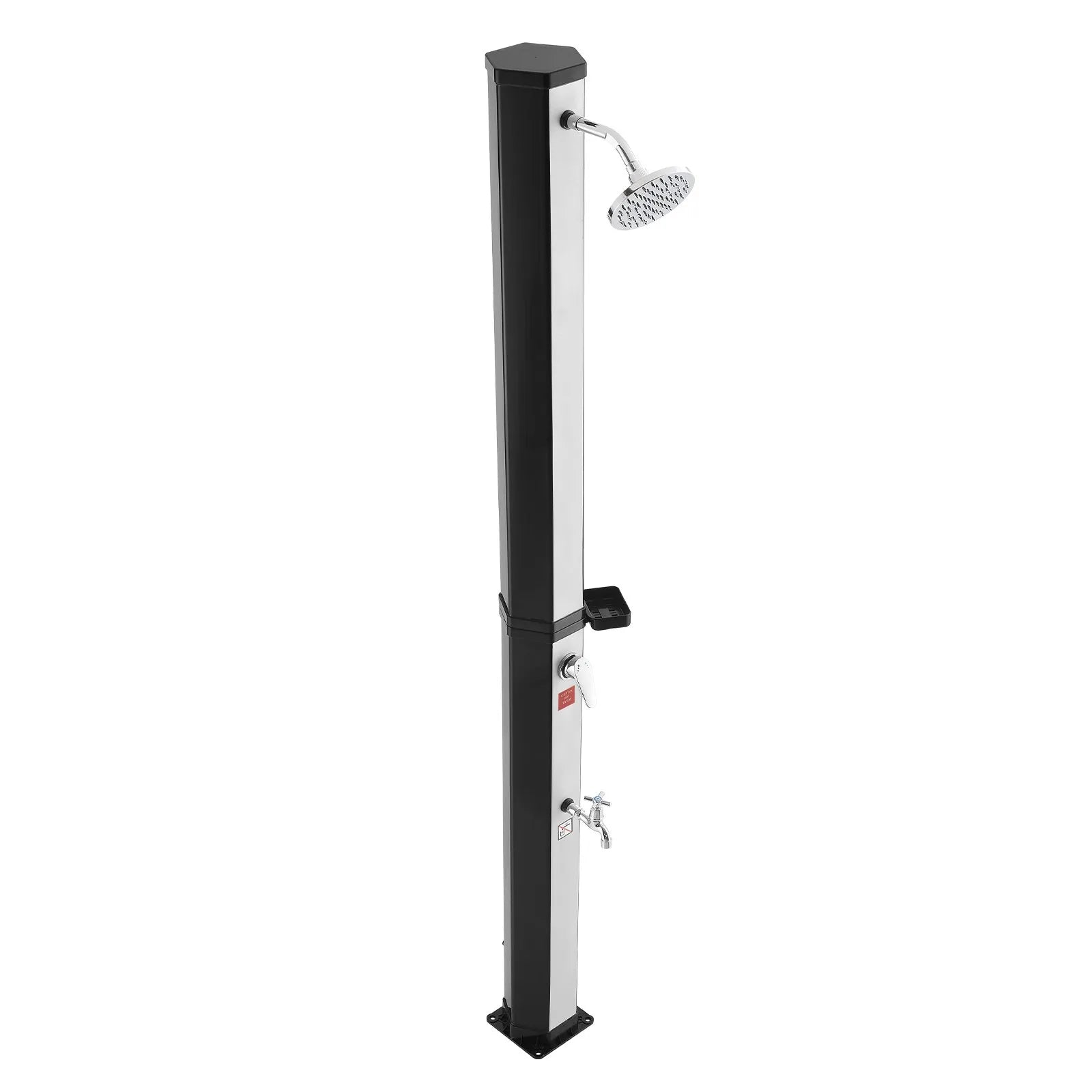 VEVOR 35 l ar sauli apsildāma āra duša ar 195 cm dušas galvas augstumu, brīvi stāvoša, ar kāju krānu un ziepju plauktu, karstā un aukstā ūdens regulēšana, piemērota dārzam, baseinam un pludmalei, melna/sudraba