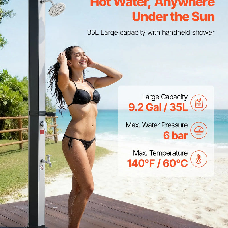 VEVOR 35 l ar sauli apsildāma āra duša ar 195 cm dušas galvas augstumu, brīvi stāvoša, ar kāju krānu un ziepju plauktu, karstā un aukstā ūdens regulēšana, piemērota dārzam, baseinam un pludmalei, melna/sudraba