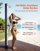 VEVOR 35 l ar sauli apsildāma āra duša ar 195 cm dušas galvas augstumu, brīvi stāvoša, ar kāju krānu un ziepju plauktu, karstā un aukstā ūdens regulēšana, piemērota dārzam, baseinam un pludmalei, melna/sudraba