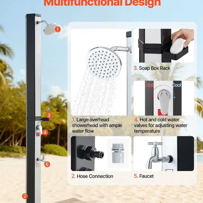 VEVOR 35 l ar sauli apsildāma āra duša ar 195 cm dušas galvas augstumu, brīvi stāvoša, ar kāju krānu un ziepju plauktu, karstā un aukstā ūdens regulēšana, piemērota dārzam, baseinam un pludmalei, melna/sudraba