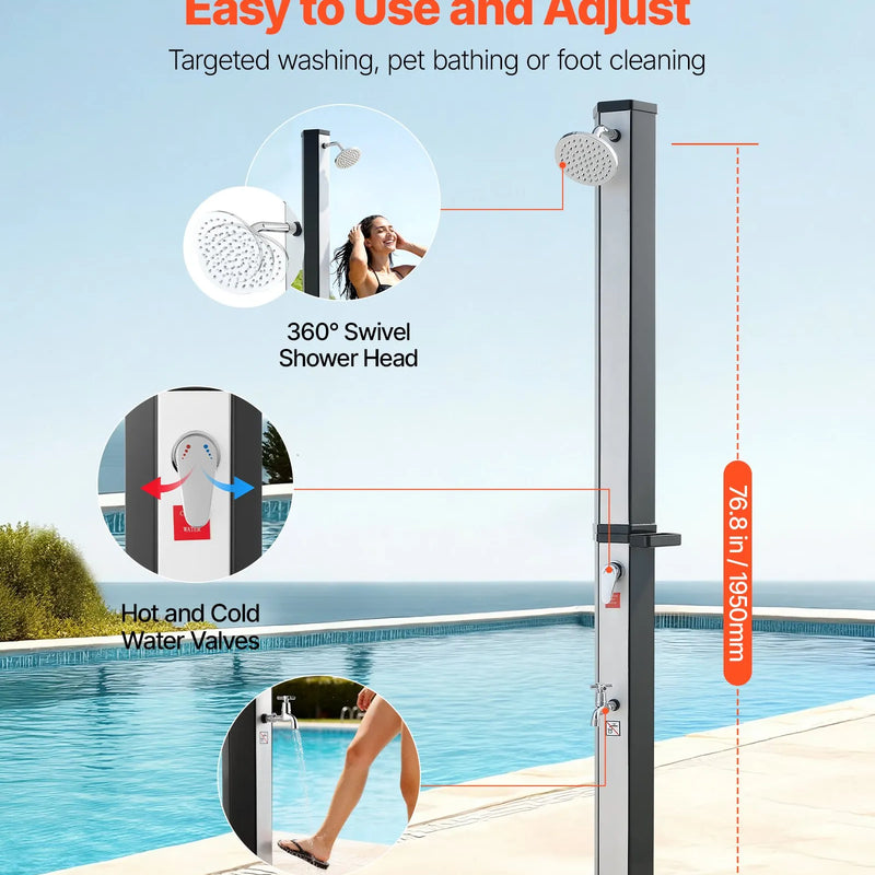 VEVOR 35 l ar sauli apsildāma āra duša ar 195 cm dušas galvas augstumu, brīvi stāvoša, ar kāju krānu un ziepju plauktu, karstā un aukstā ūdens regulēšana, piemērota dārzam, baseinam un pludmalei, melna/sudraba