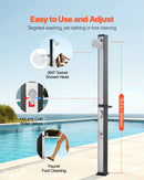 VEVOR 35 l ar sauli apsildāma āra duša ar 195 cm dušas galvas augstumu, brīvi stāvoša, ar kāju krānu un ziepju plauktu, karstā un aukstā ūdens regulēšana, piemērota dārzam, baseinam un pludmalei, melna/sudraba