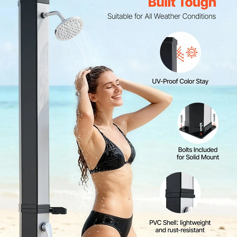 VEVOR 35 l ar sauli apsildāma āra duša ar 195 cm dušas galvas augstumu, brīvi stāvoša, ar kāju krānu un ziepju plauktu, karstā un aukstā ūdens regulēšana, piemērota dārzam, baseinam un pludmalei, melna/sudraba
