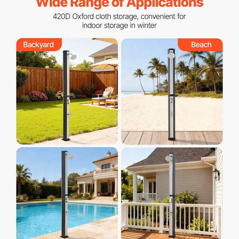 VEVOR 35 l ar sauli apsildāma āra duša ar 195 cm dušas galvas augstumu, brīvi stāvoša, ar kāju krānu un ziepju plauktu, karstā un aukstā ūdens regulēšana, piemērota dārzam, baseinam un pludmalei, melna/sudraba