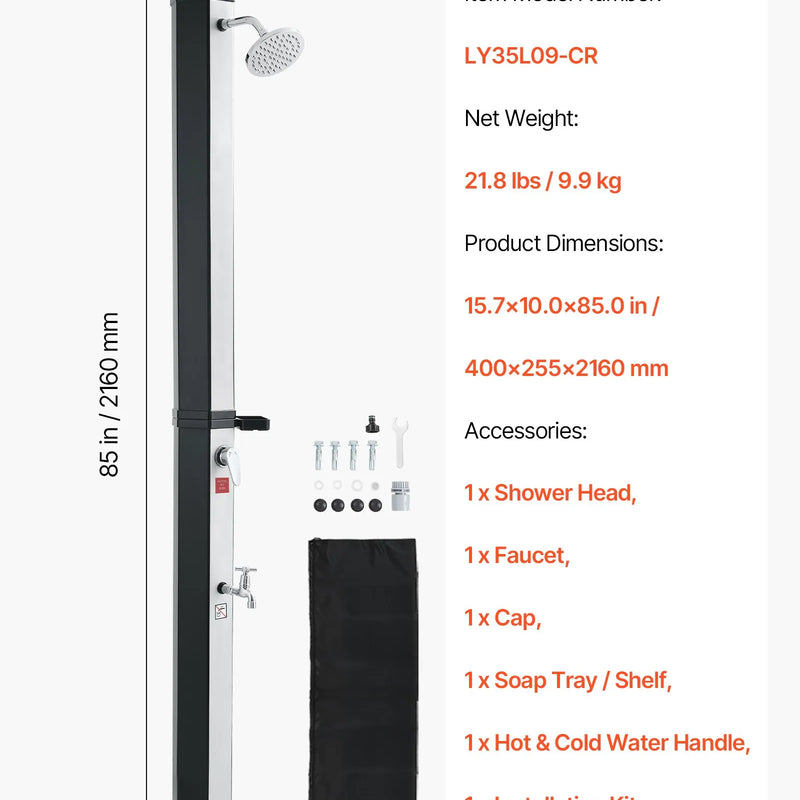 VEVOR 35 l ar sauli apsildāma āra duša ar 195 cm dušas galvas augstumu, brīvi stāvoša, ar kāju krānu un ziepju plauktu, karstā un aukstā ūdens regulēšana, piemērota dārzam, baseinam un pludmalei, melna/sudraba