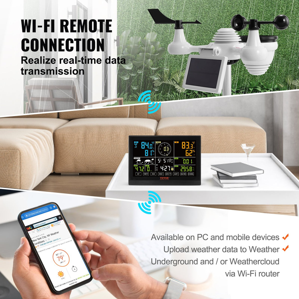 VEVOR 7-in-1 Wi-Fi  laikapstākļu stacija iekštelpām un ārā, 19,1 cm  krāsu displejs, ar saules enerģijas bezvadu ārējo sensoru un trauksmes brīdinājumiem, paredzēts temperatūras, mitruma, vēja ātruma/virziena un nokrišņu mērīšanai