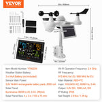VEVOR 7-in-1 Wi-Fi  laikapstākļu stacija iekštelpām un ārā, 19,1 cm  krāsu displejs, ar saules enerģijas bezvadu ārējo sensoru un trauksmes brīdinājumiem, paredzēts temperatūras, mitruma, vēja ātruma/virziena un nokrišņu mērīšanai
