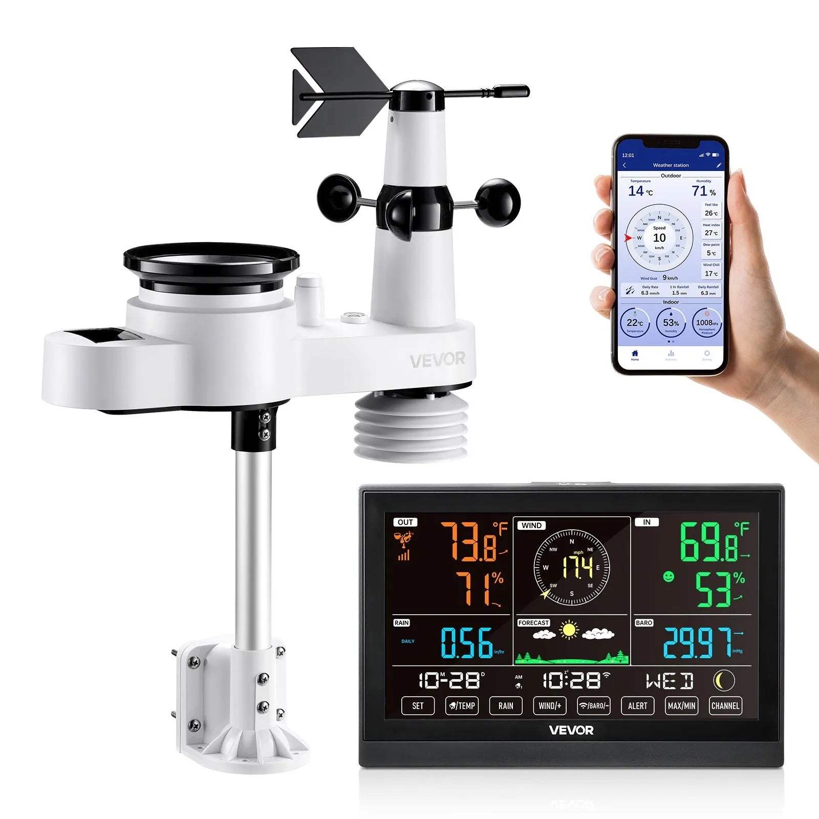 5-in-1 Wi-Fi laika apstākļu stacija ar 190,5 mm VA displeju, bezvadu saules enerģijas āra sensoru, nokrišņu mērītāju, temperatūras, mitruma, vēja ātruma un virziena uzraudzībai iekštelpās un āra apstākļos