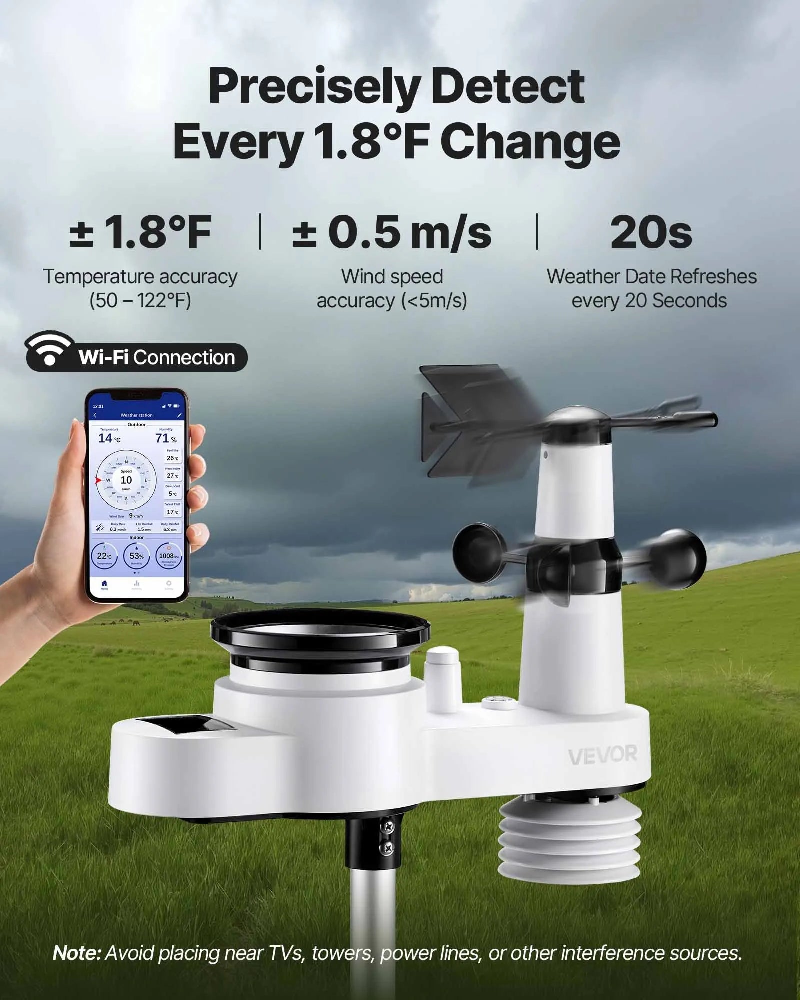 5-in-1 Wi-Fi laika apstākļu stacija ar 190,5 mm VA displeju, bezvadu saules enerģijas āra sensoru, nokrišņu mērītāju, temperatūras, mitruma, vēja ātruma un virziena uzraudzībai iekštelpās un āra apstākļos