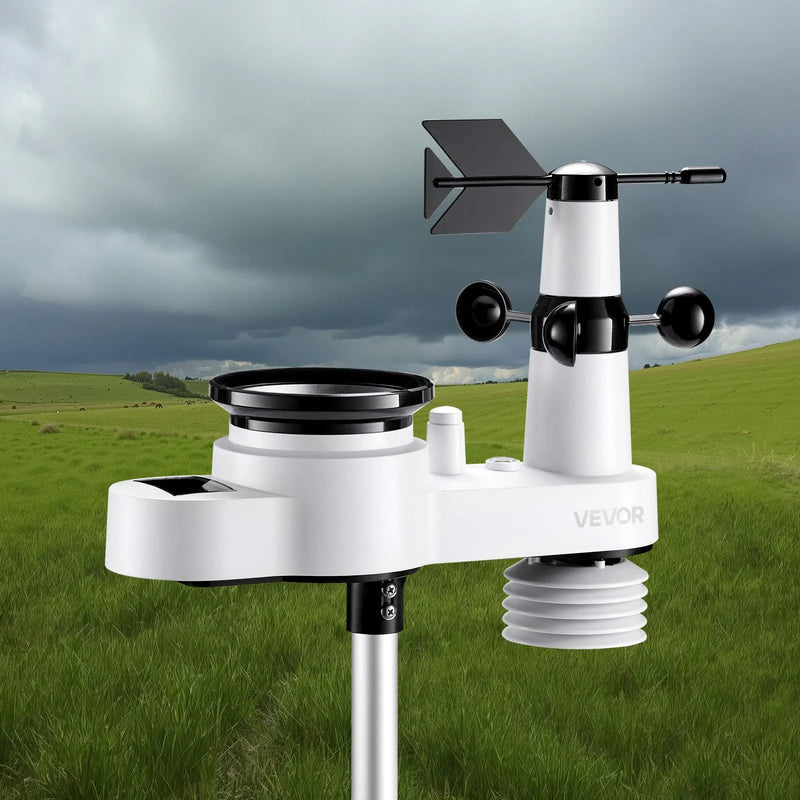 5-in-1 Wi-Fi laika apstākļu stacija ar 190,5 mm VA displeju, bezvadu saules enerģijas āra sensoru, nokrišņu mērītāju, temperatūras, mitruma, vēja ātruma un virziena uzraudzībai iekštelpās un āra apstākļos