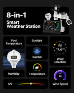 7-in-1 Wi-Fi laika apstākļu stacijas komplekts ar lietotni, 190,5 mm displejs, bezvadu saules sensors, baseina termometrs un nokrišņu mērītājs