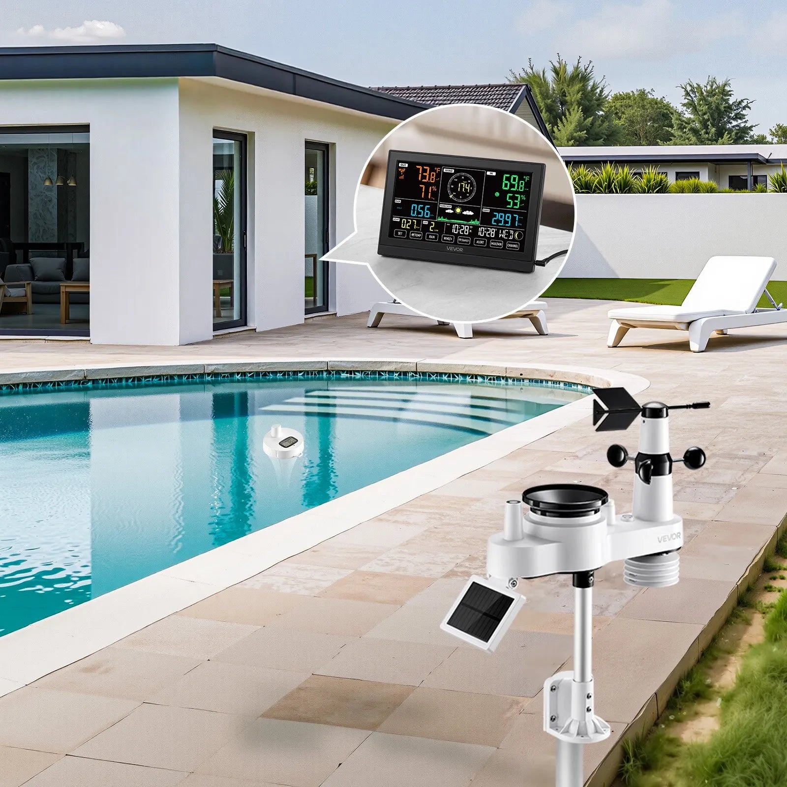 7-in-1 Wi-Fi laika apstākļu stacijas komplekts ar lietotni, 190,5 mm displejs, bezvadu saules sensors, baseina termometrs un nokrišņu mērītājs
