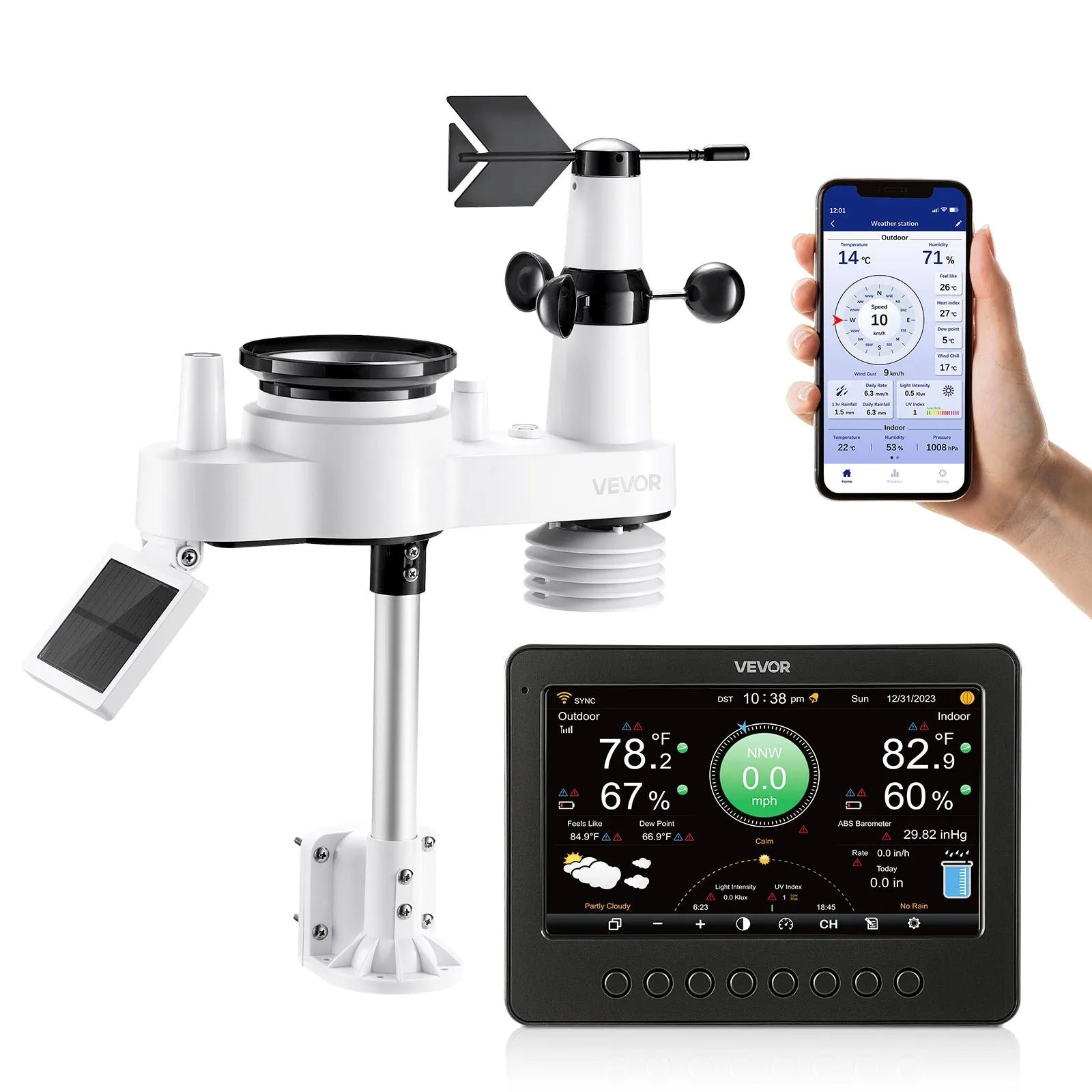 7-in-1 Wi-Fi laika apstākļu stacija ar 177,8 mm TFT displeju, bezvadu saules sensoru, nokrišņu mērītāju, vēja ātruma un virziena, temperatūras, mitruma un nokrišņu uzraudzību iekštelpās un āra apstākļos