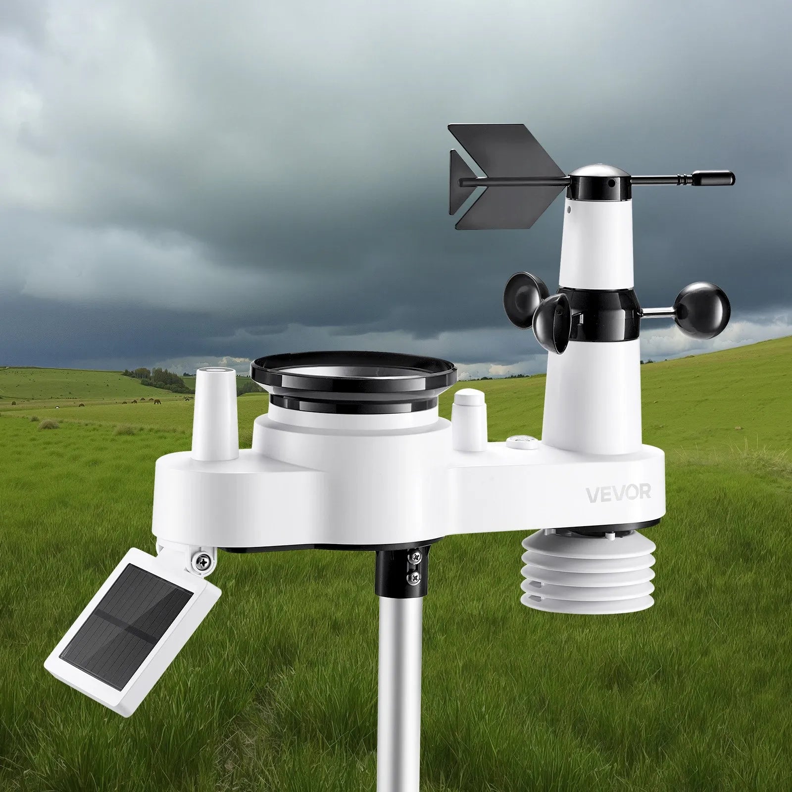 7-in-1 Wi-Fi laika apstākļu stacija ar 177,8 mm TFT displeju, bezvadu saules sensoru, nokrišņu mērītāju, vēja ātruma un virziena, temperatūras, mitruma un nokrišņu uzraudzību iekštelpās un āra apstākļos