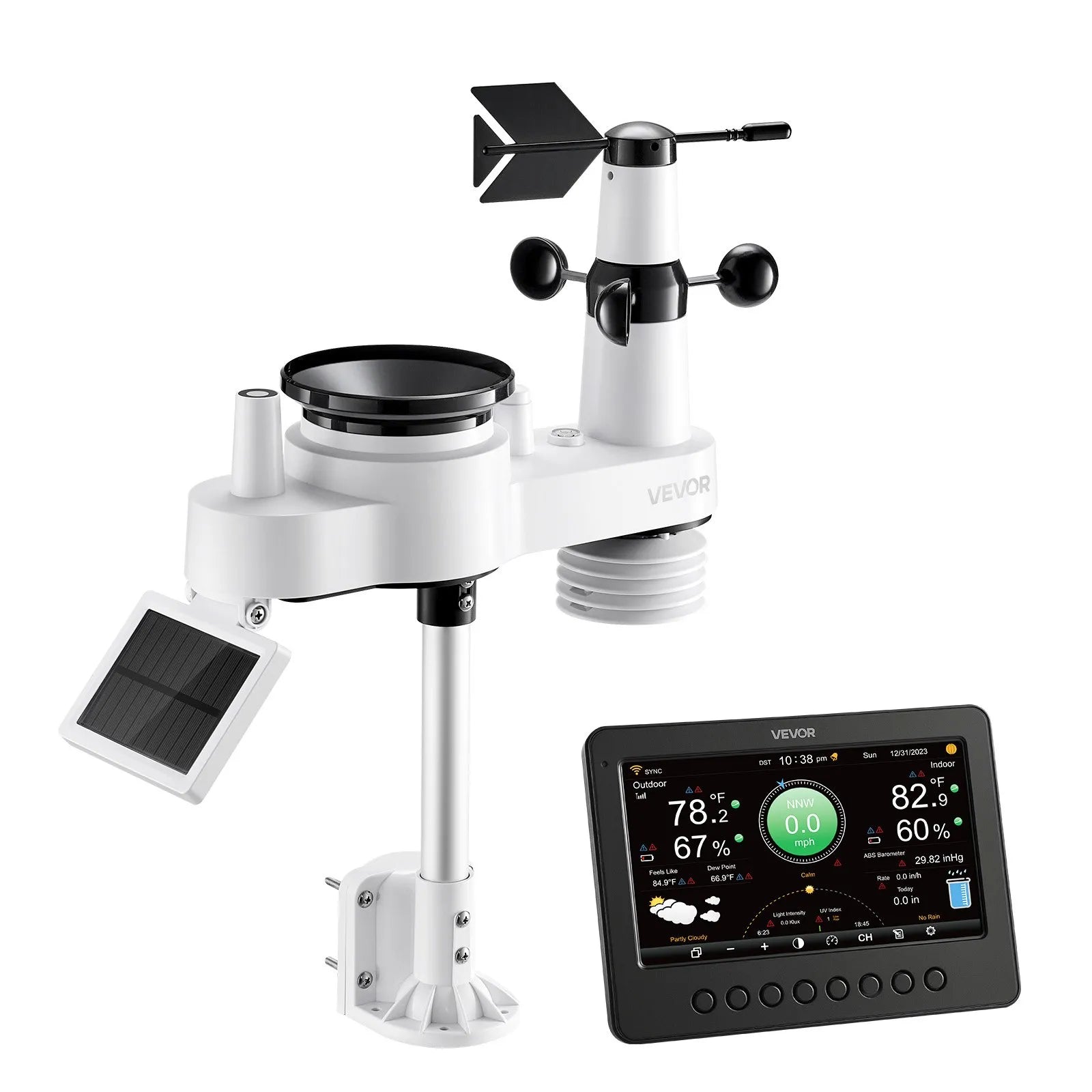 7-in-1 Wi-Fi laika apstākļu stacija ar 177,8 mm TFT displeju, bezvadu saules sensoru, nokrišņu mērītāju, vēja ātruma un virziena, temperatūras, mitruma un nokrišņu uzraudzību iekštelpās un āra apstākļos