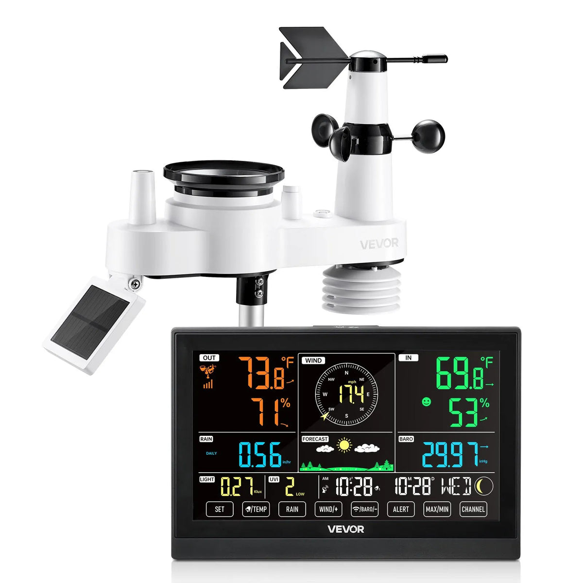 7-in-1 bezvadu laika aostākļu stacija ar 190,5 mm VA displeju, saules enerģijas āra sensoru, nokrišņu mērītāju, temperatūras, mitruma, vēja ātruma un virziena uzraudzību iekštelpās un āra apstākļos (bez Wi-Fi)