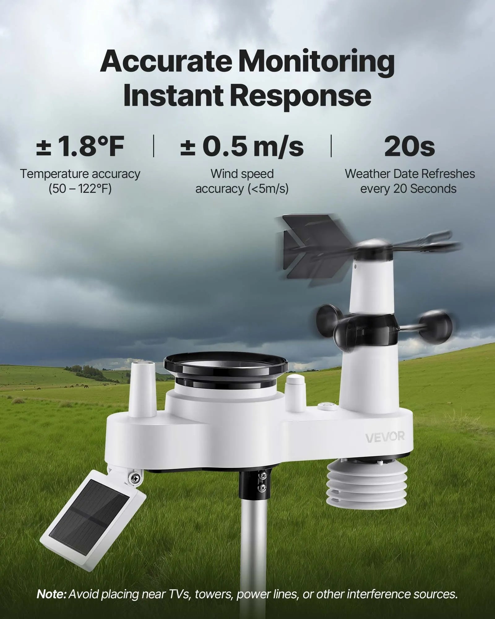 7-in-1 bezvadu laika aostākļu stacija ar 190,5 mm VA displeju, saules enerģijas āra sensoru, nokrišņu mērītāju, temperatūras, mitruma, vēja ātruma un virziena uzraudzību iekštelpās un āra apstākļos (bez Wi-Fi)