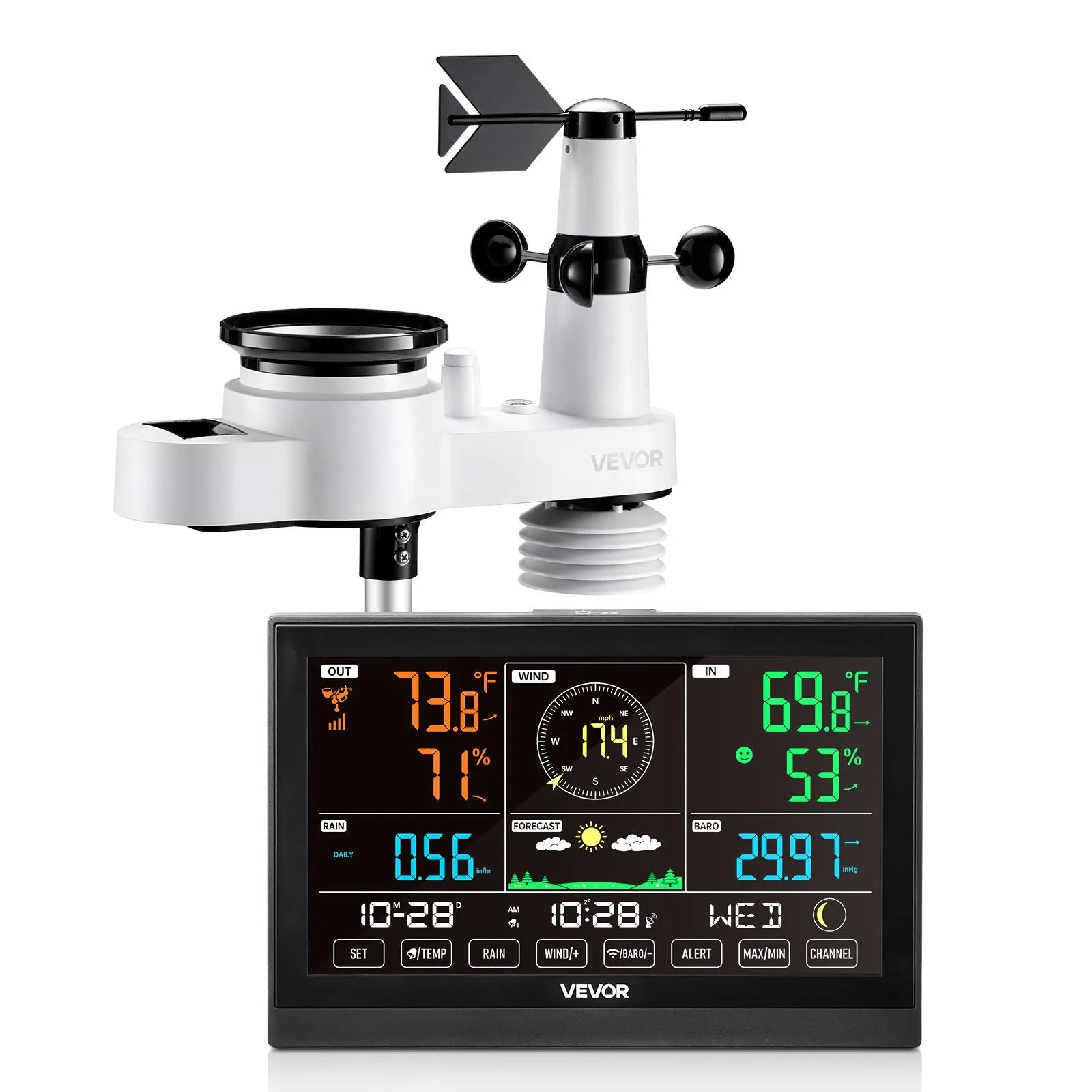 5-in-1 bezvadu laika apstākļu stacija ar 190,5 mm VA displeju, saules enerģijas āra sensoru, nokrišņu mērītāju, temperatūras, mitruma, vēja ātruma un virziena uzraudzību iekštelpās un āra apstākļos (bez Wi-Fi)