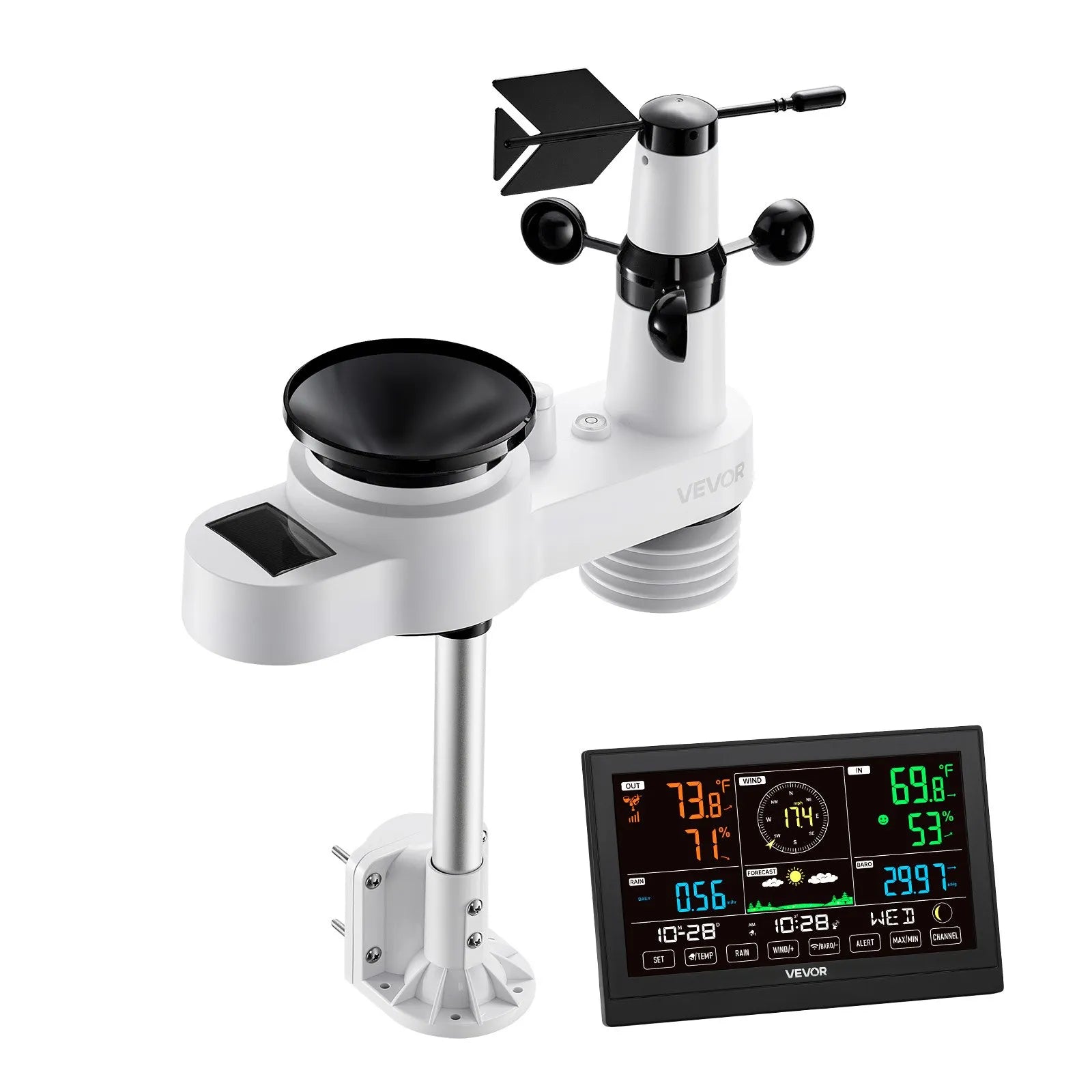 5-in-1 bezvadu laika apstākļu stacija ar 190,5 mm VA displeju, saules enerģijas āra sensoru, nokrišņu mērītāju, temperatūras, mitruma, vēja ātruma un virziena uzraudzību iekštelpās un āra apstākļos (bez Wi-Fi)