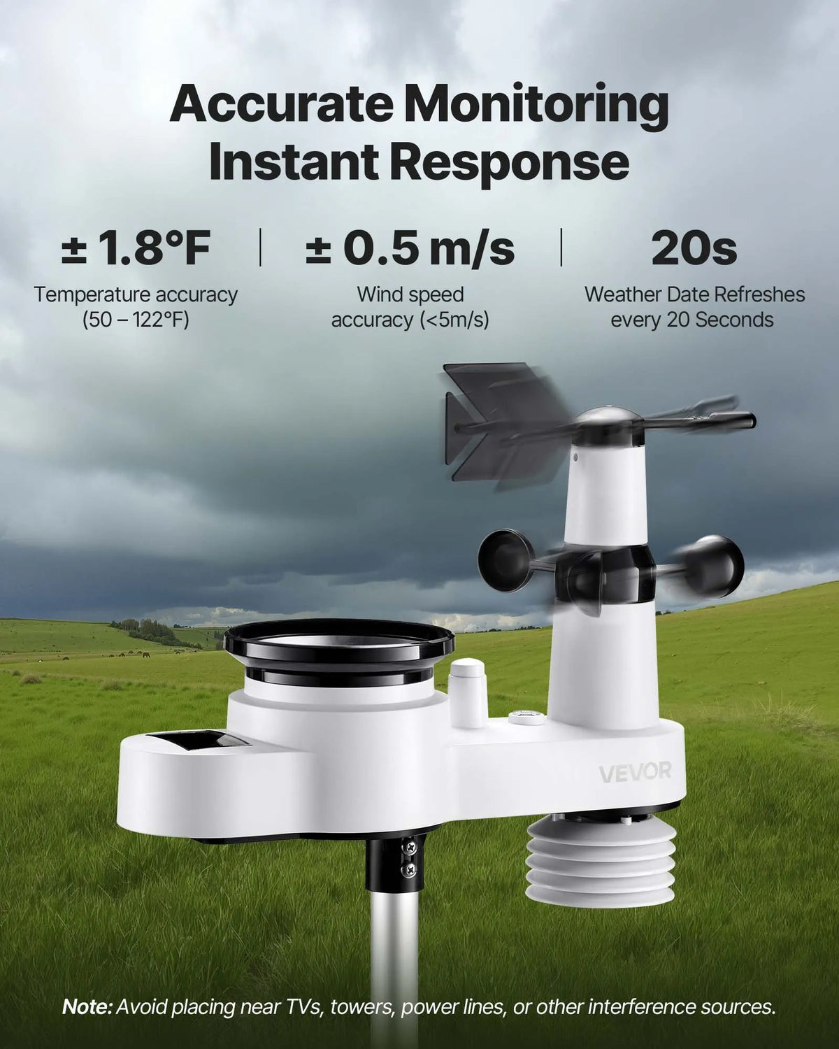 5-in-1 bezvadu laika apstākļu stacija ar 190,5 mm VA displeju, saules enerģijas āra sensoru, nokrišņu mērītāju, temperatūras, mitruma, vēja ātruma un virziena uzraudzību iekštelpās un āra apstākļos (bez Wi-Fi)