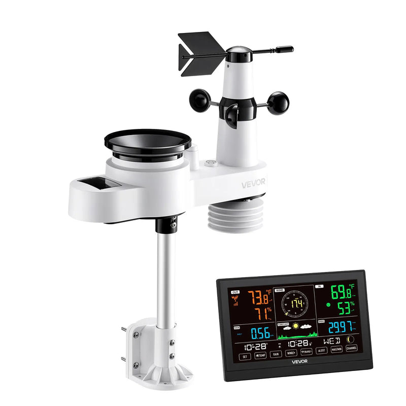 5-in-1 bezvadu laika apstākļu stacija ar 190,5 mm VA displeju, saules enerģijas āra sensoru, nokrišņu mērītāju, temperatūras, mitruma, vēja ātruma un virziena uzraudzību iekštelpās un āra apstākļos (bez Wi-Fi)