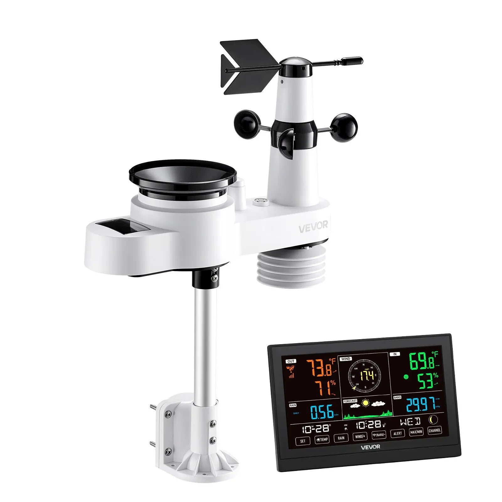 5-in-1 bezvadu laika apstākļu stacija ar 190,5 mm VA displeju, saules enerģijas āra sensoru, nokrišņu mērītāju, temperatūras, mitruma, vēja ātruma un virziena uzraudzību iekštelpās un āra apstākļos (bez Wi-Fi)