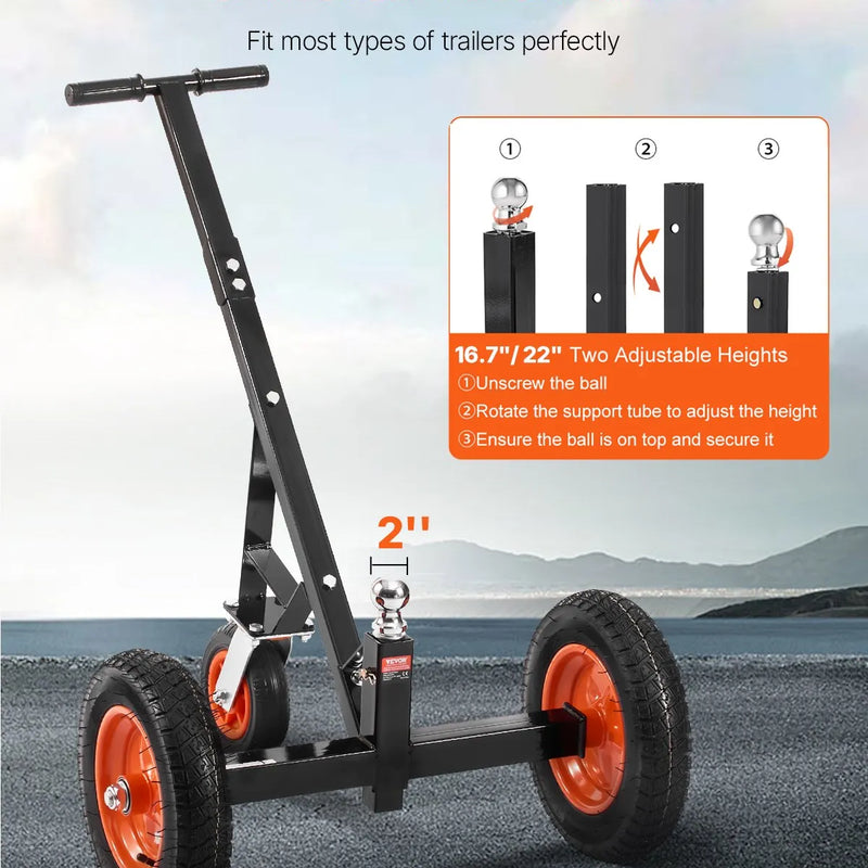 Piekabes pārvietošanas ratiņi, kravnesība 453 kg, regulējams augstums 42,4–55,8 cm, 50 mm sakabes lodveida gals, 35,5 cm riepas