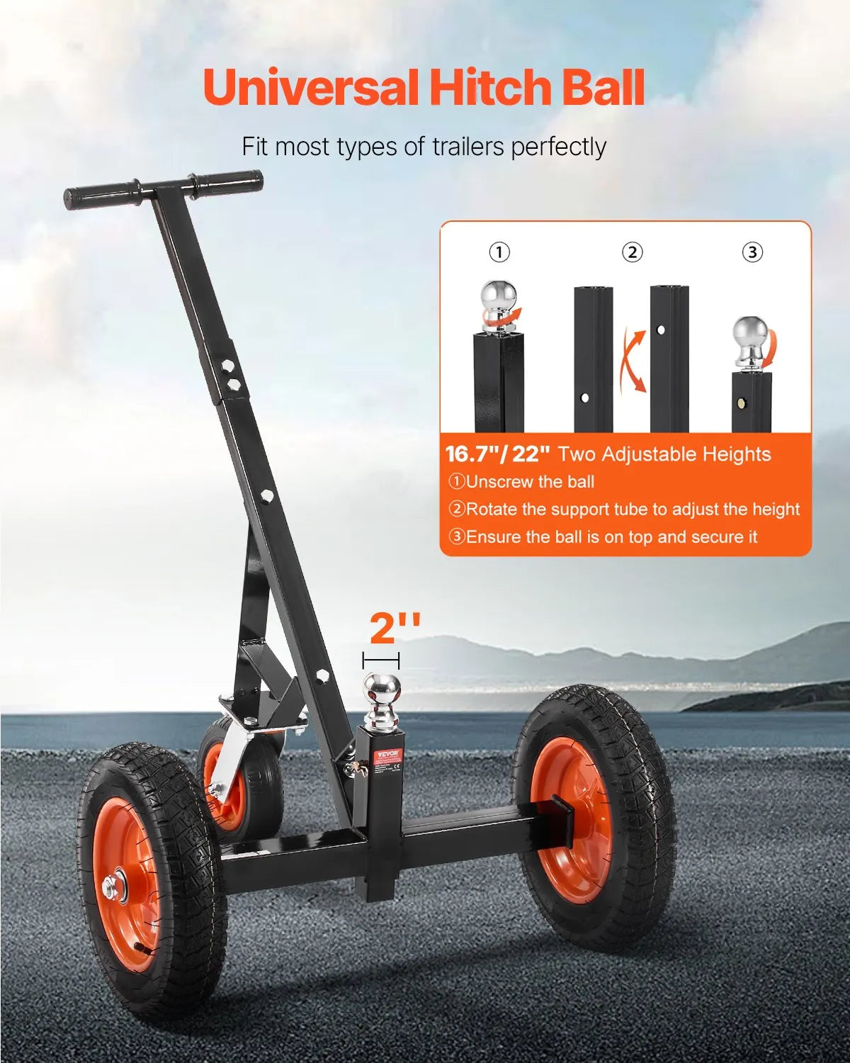 Piekabes pārvietošanas ratiņi, kravnesība 453 kg, regulējams augstums 42,4–55,8 cm, 50 mm sakabes lodveida gals, 35,5 cm riepas