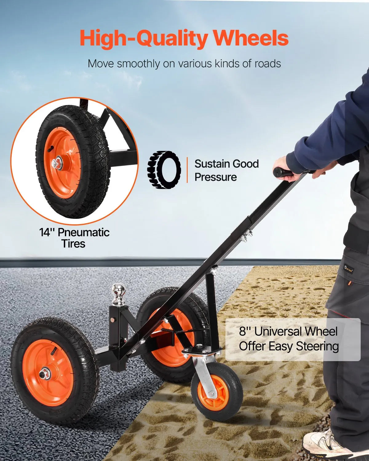 Piekabes pārvietošanas ratiņi, kravnesība 453 kg, regulējams augstums 42,4–55,8 cm, 50 mm sakabes lodveida gals, 35,5 cm riepas