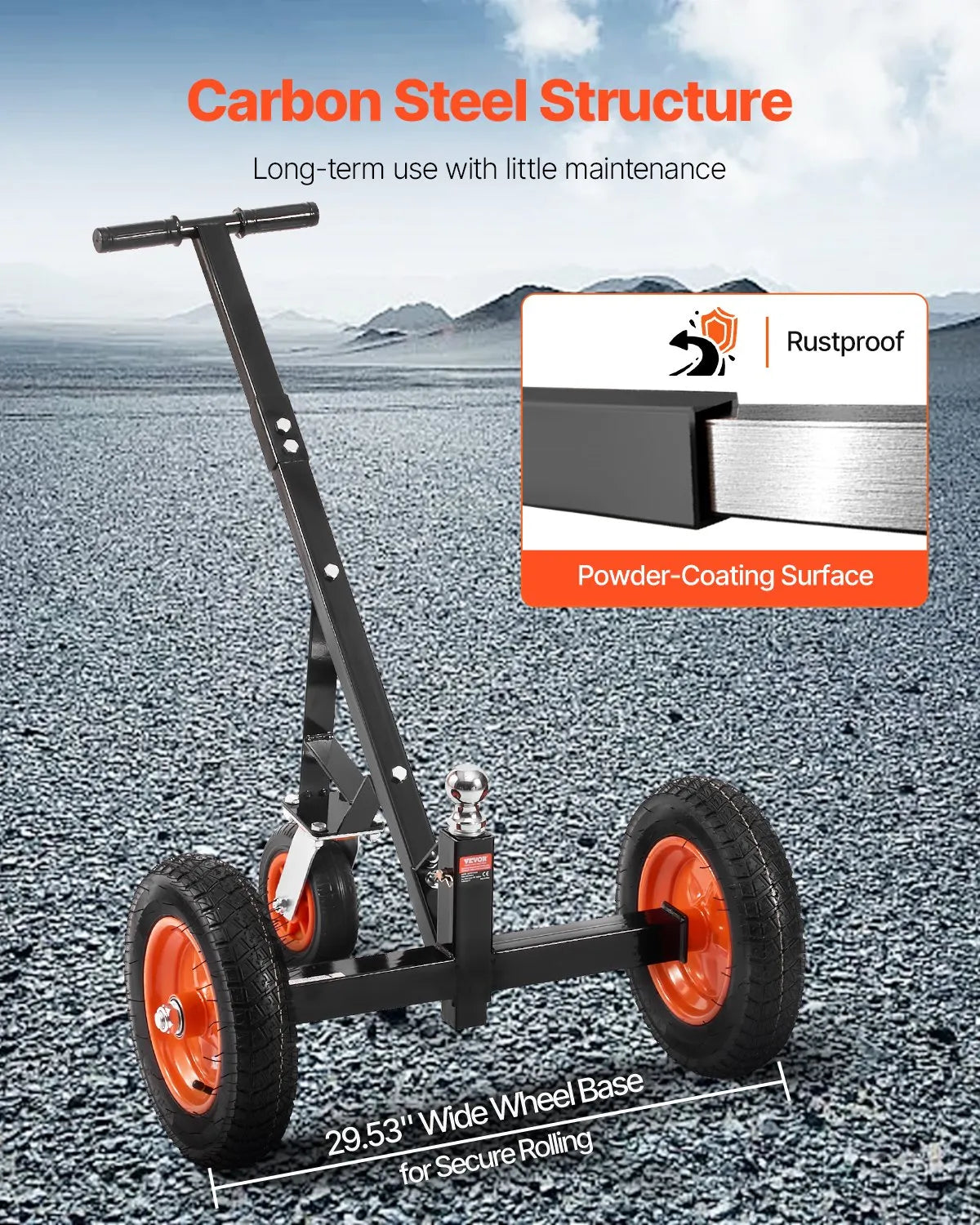 Piekabes pārvietošanas ratiņi, kravnesība 453 kg, regulējams augstums 42,4–55,8 cm, 50 mm sakabes lodveida gals, 35,5 cm riepas