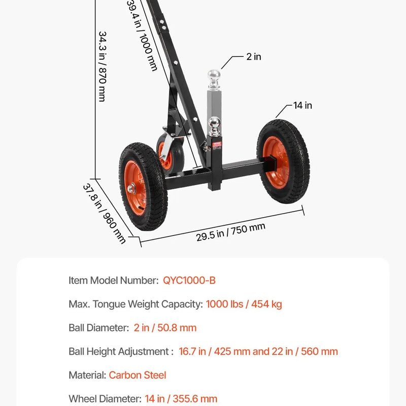Piekabes pārvietošanas ratiņi, kravnesība 453 kg, regulējams augstums 42,4–55,8 cm, 50 mm sakabes lodveida gals, 35,5 cm riepas