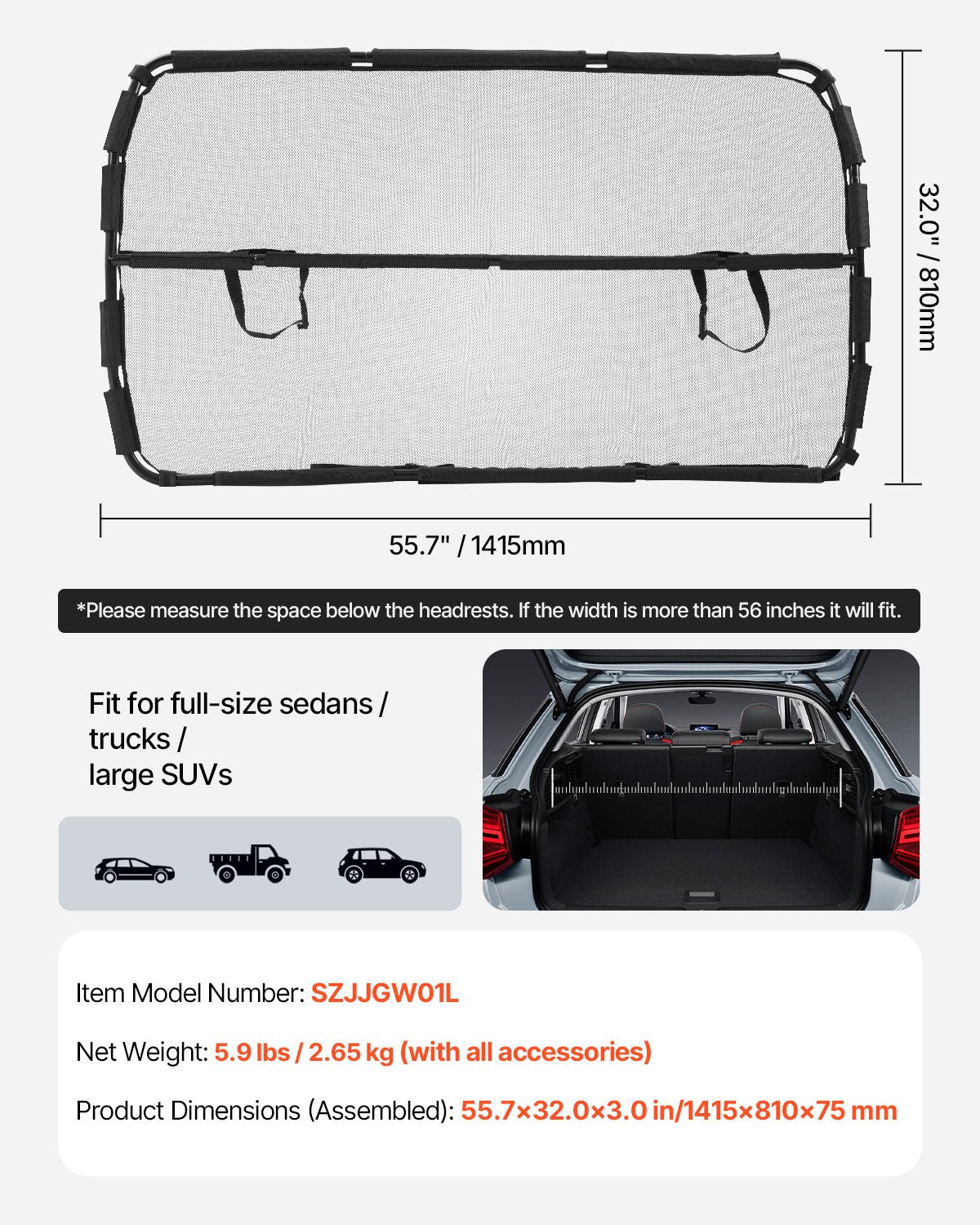 VEVOR suņa auto barjera, 1422 mm plaša, priekšējo sēdekļu uzstādīšana, auto dalītājs SUV