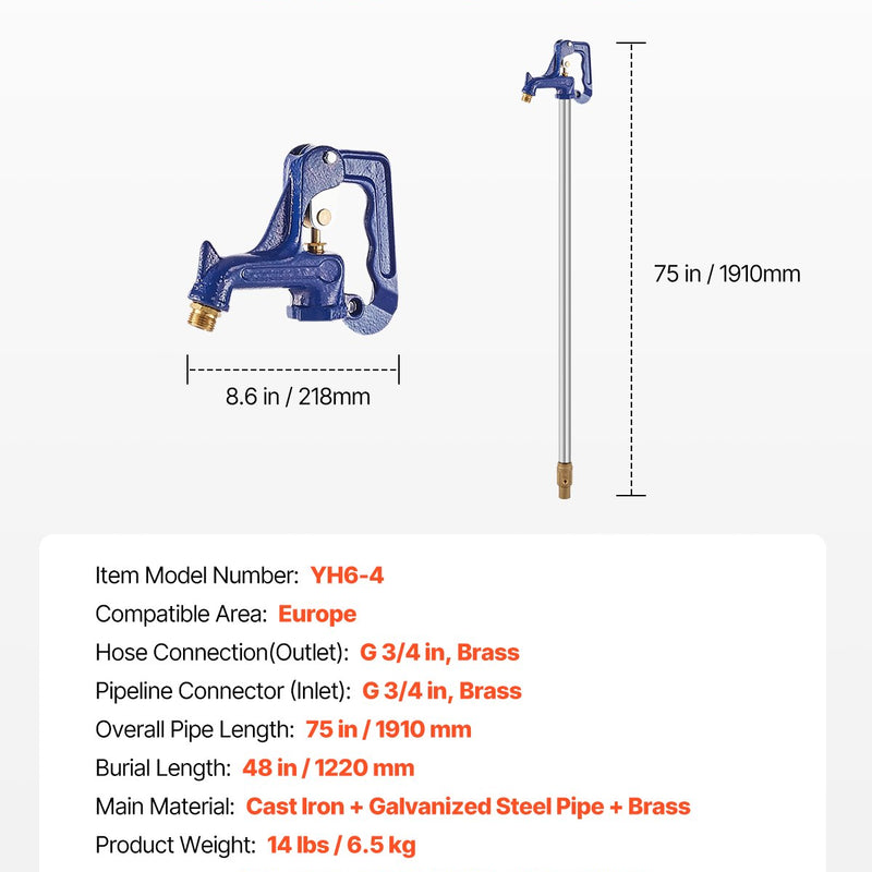 VEVOR salizturīgs dārza hidrants no čuguna — garums 1,91 m, dziļums 1,22 m