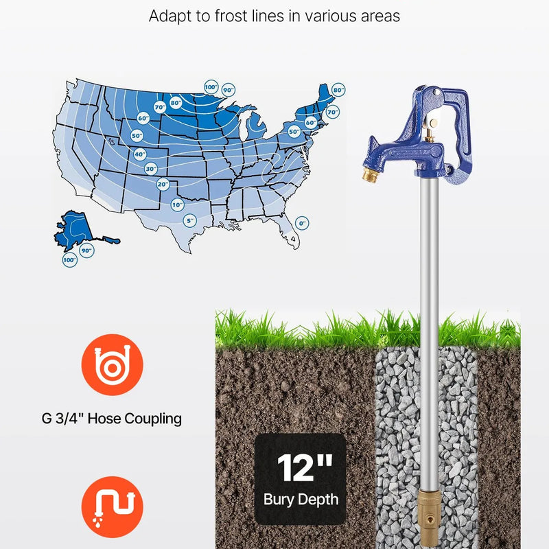 VEVOR salizturīgs dārza hidrants 1 m garums, 30 cm ierokamais dziļums, izturīgs čuguns