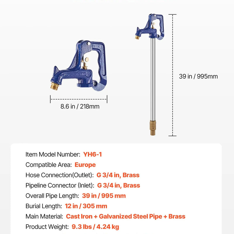 VEVOR salizturīgs dārza hidrants 1 m garums, 30 cm ierokamais dziļums, izturīgs čuguns