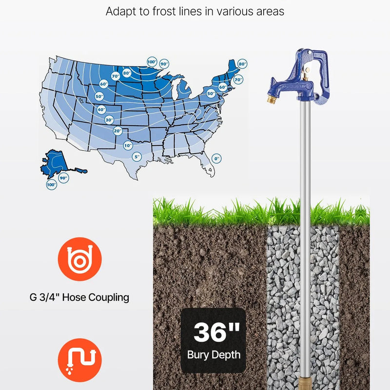 VEVOR salaizturīgs dārza ūdens krāns, 160 cm garums, 91 cm ierakuma dziļums, čuguna korpuss
