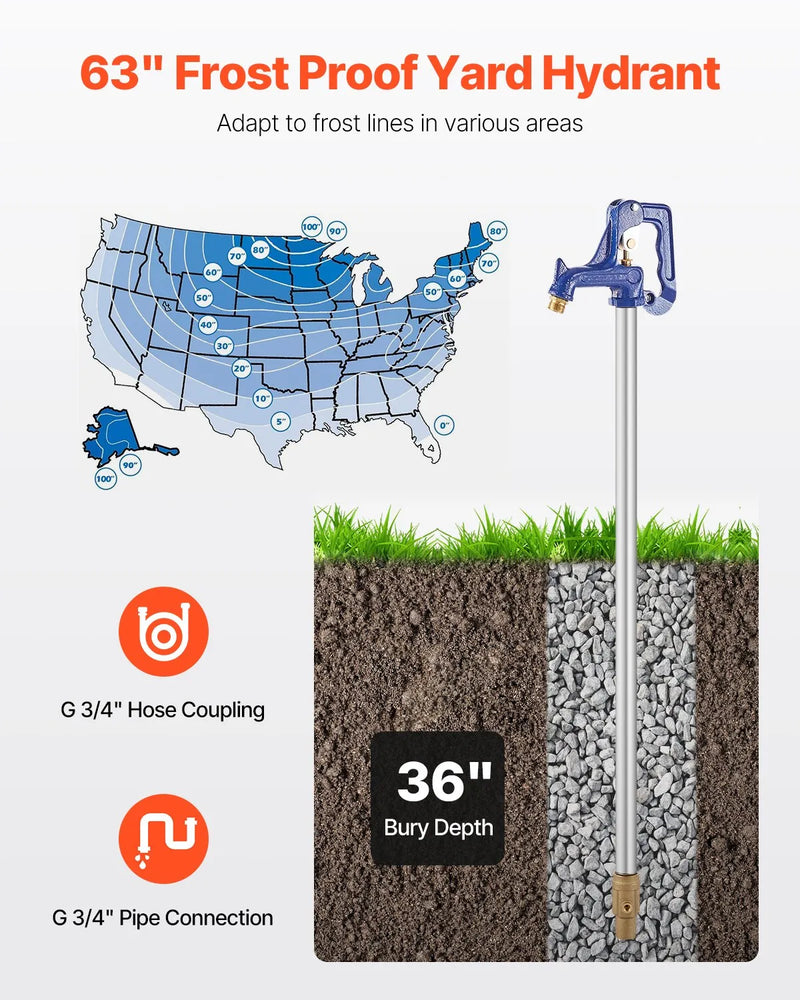 VEVOR salaizturīgs dārza ūdens krāns, 160 cm garums, 91 cm ierakuma dziļums, čuguna korpuss