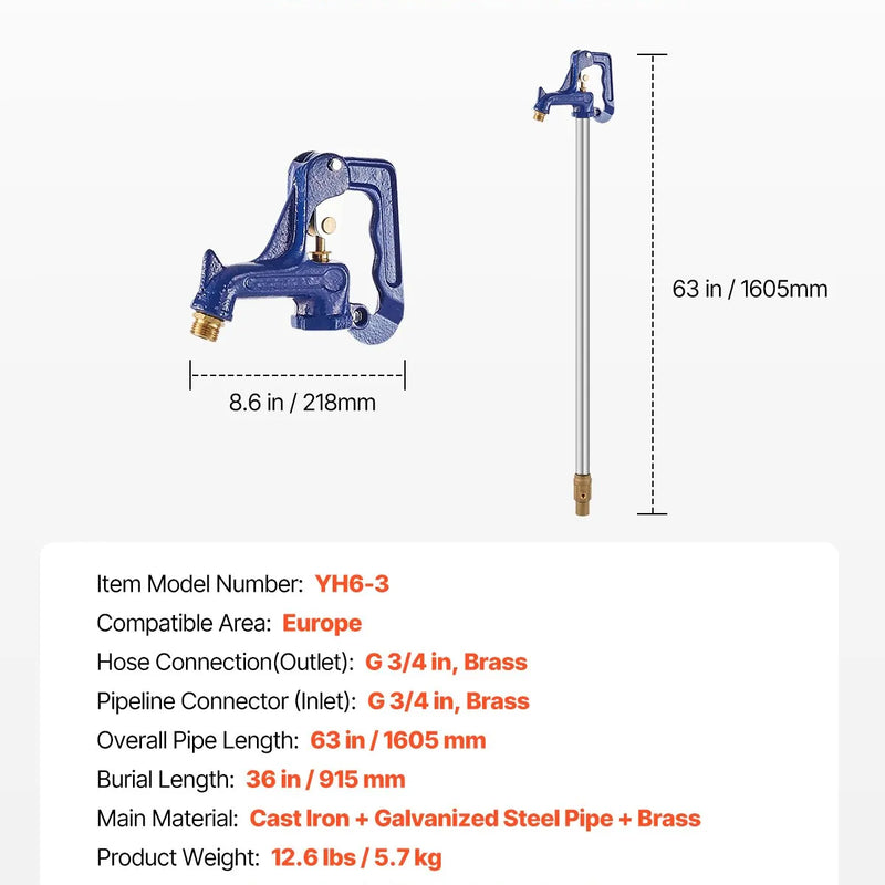 VEVOR salaizturīgs dārza ūdens krāns, 160 cm garums, 91 cm ierakuma dziļums, čuguna korpuss
