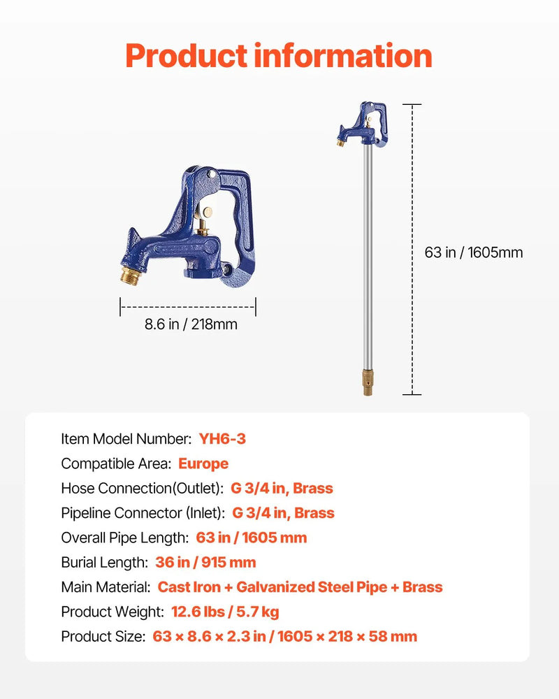 VEVOR salaizturīgs dārza ūdens krāns, 160 cm garums, 91 cm ierakuma dziļums, čuguna korpuss
